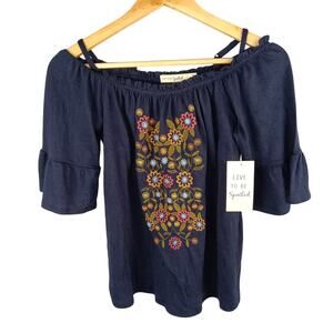 Live to Be Spoiled On or Off Shoulder Navy Embroidered Floral Blouse Medium